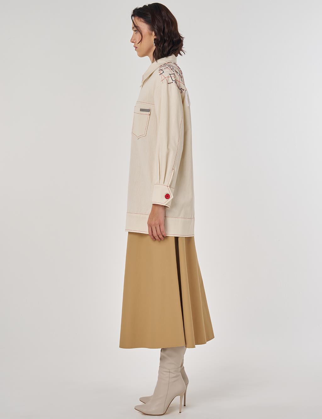 Nakış İşlemeli Kanvas Ceket Krem