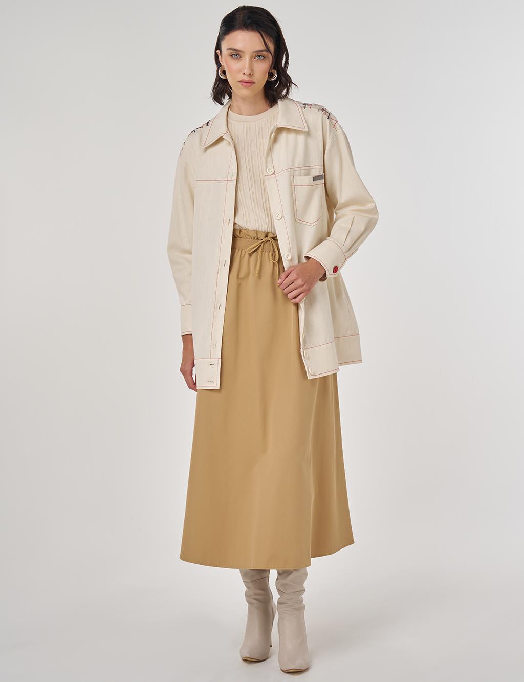 Nakış İşlemeli Kanvas Ceket Krem