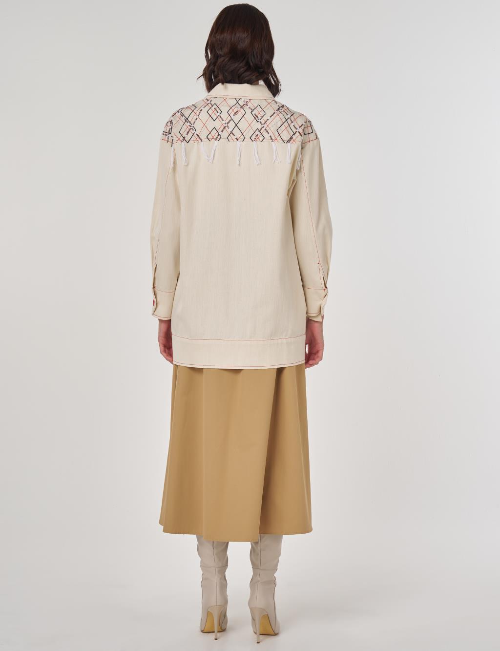 Nakış İşlemeli Kanvas Ceket Krem