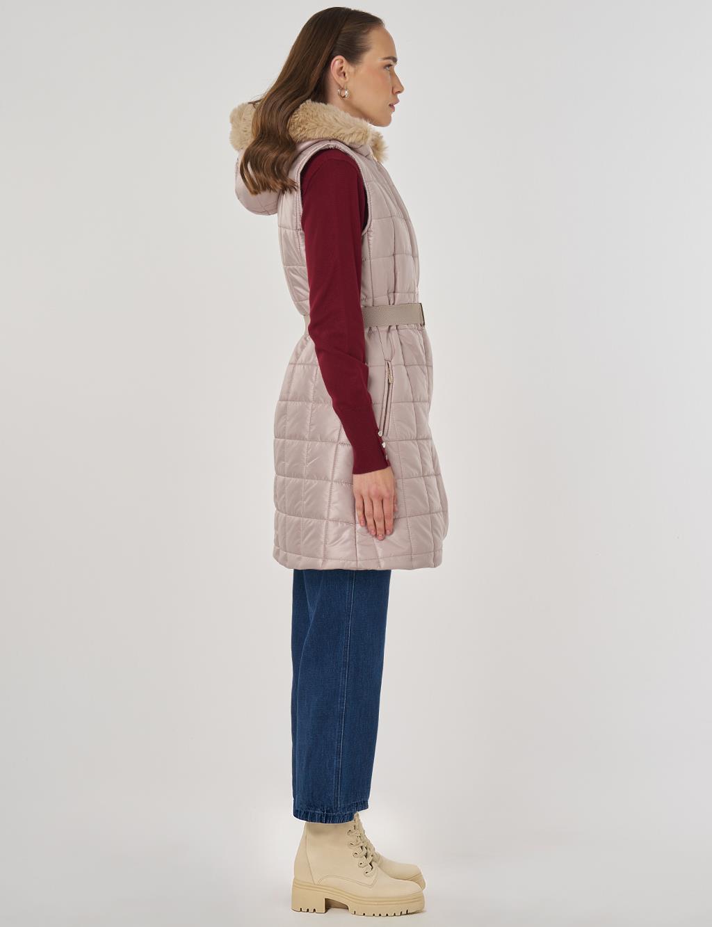 Faux Fur Puffer Vest Sand