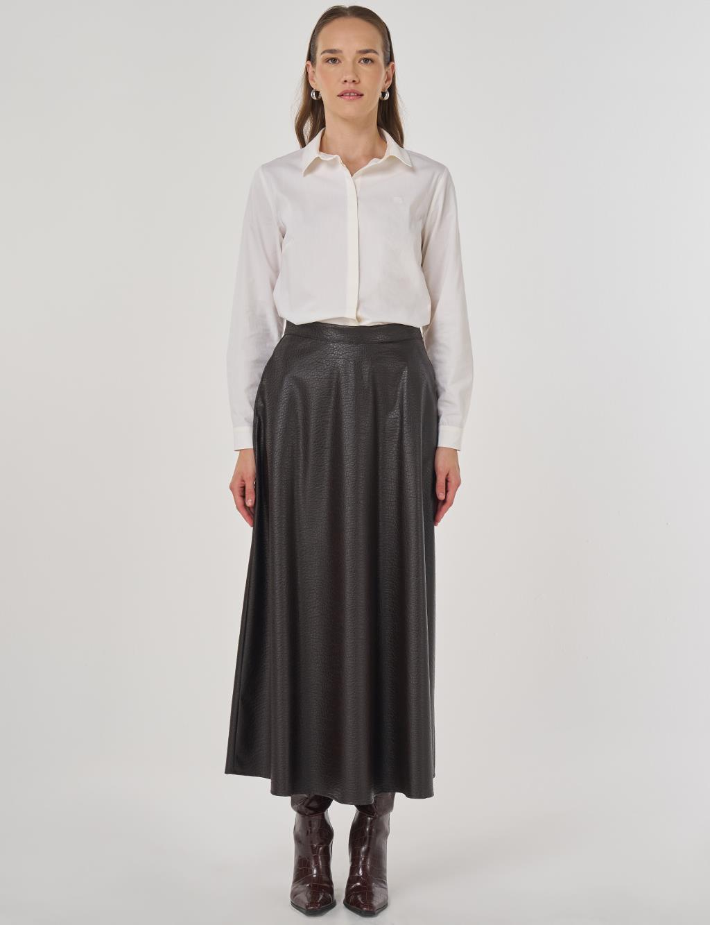 Yüksek Bel Suni Deri Etek Koyu Kahve 