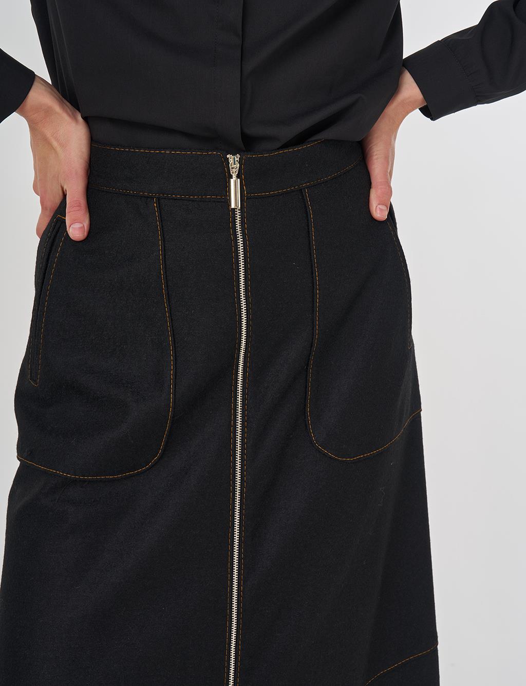 Zipper Closure Wool Skirt Black