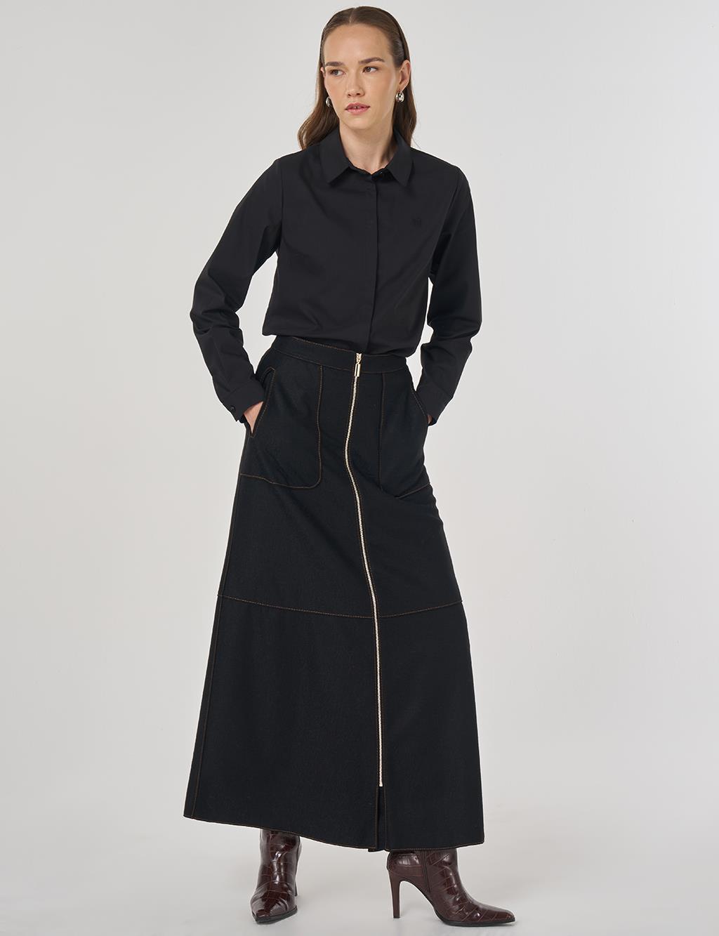 Zipper Closure Wool Skirt Black
