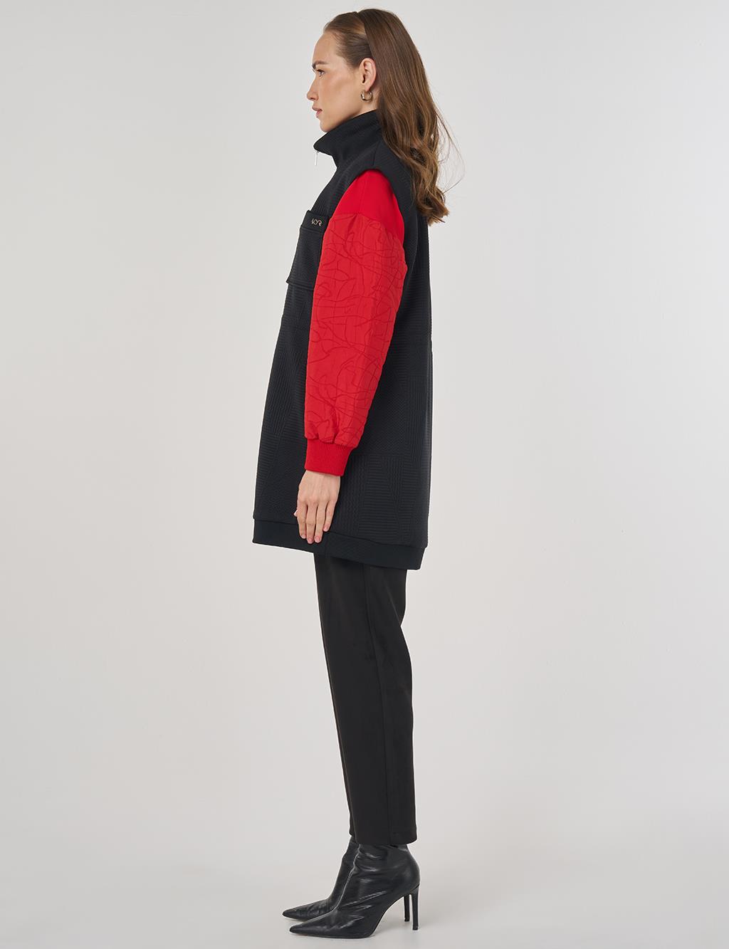 Dik Yaka Bel Büzgülü Yelek Siyah