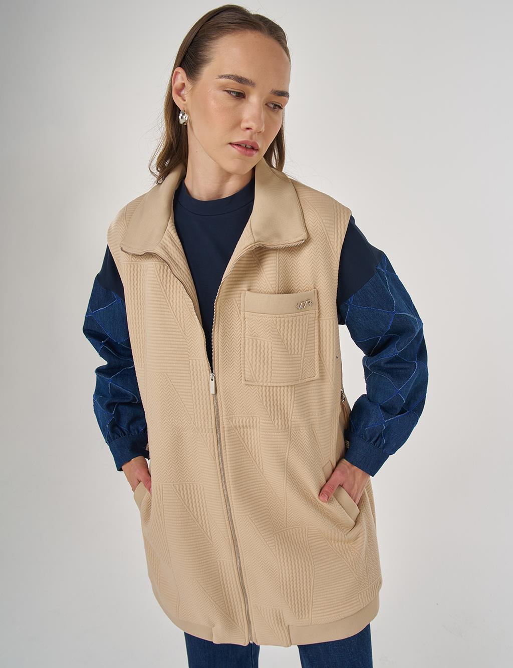 Dik Yaka Bel Büzgülü Yelek Bej