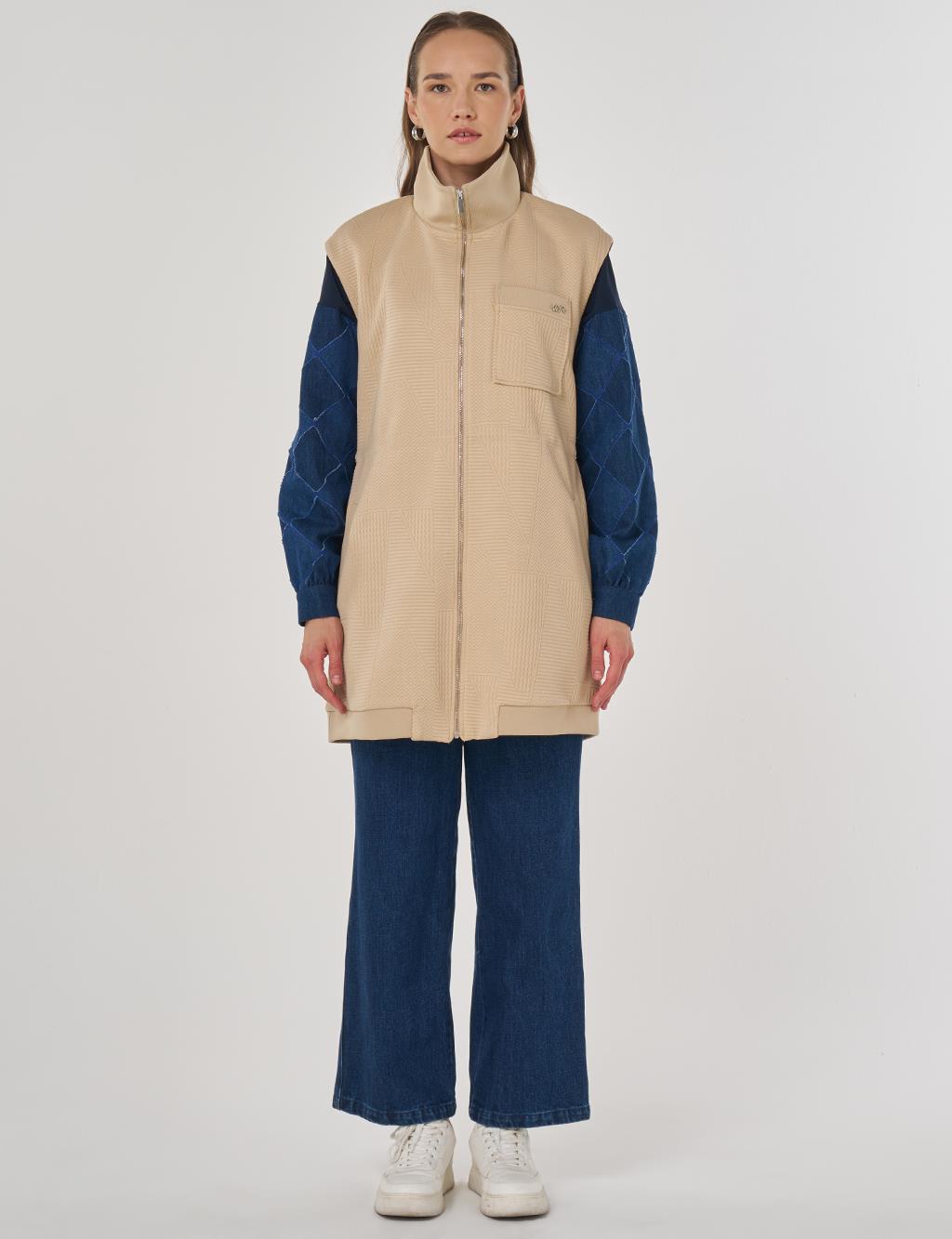 Dik Yaka Bel Büzgülü Yelek Bej