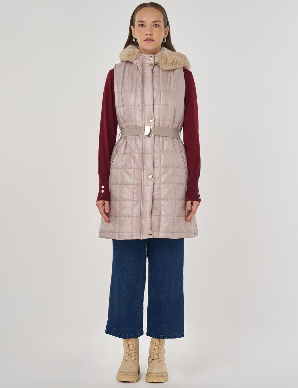 Faux Fur Puffer Vest Sand