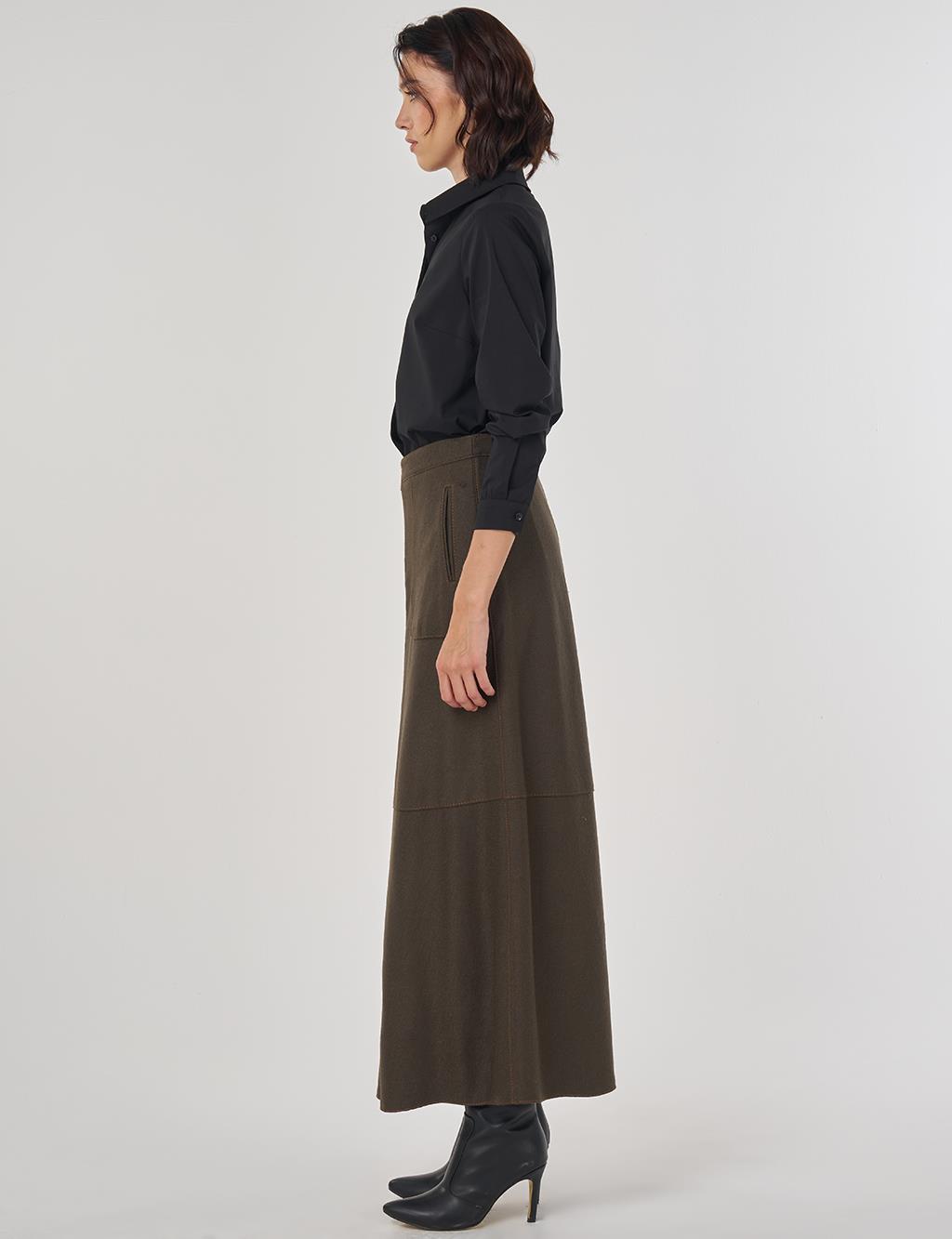 Fermuar Kapamalı Yün Etek Haki