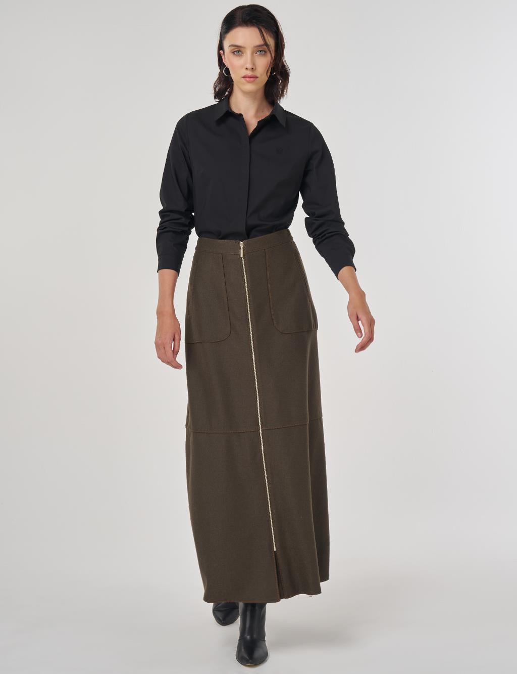 Fermuar Kapamalı Yün Etek Haki