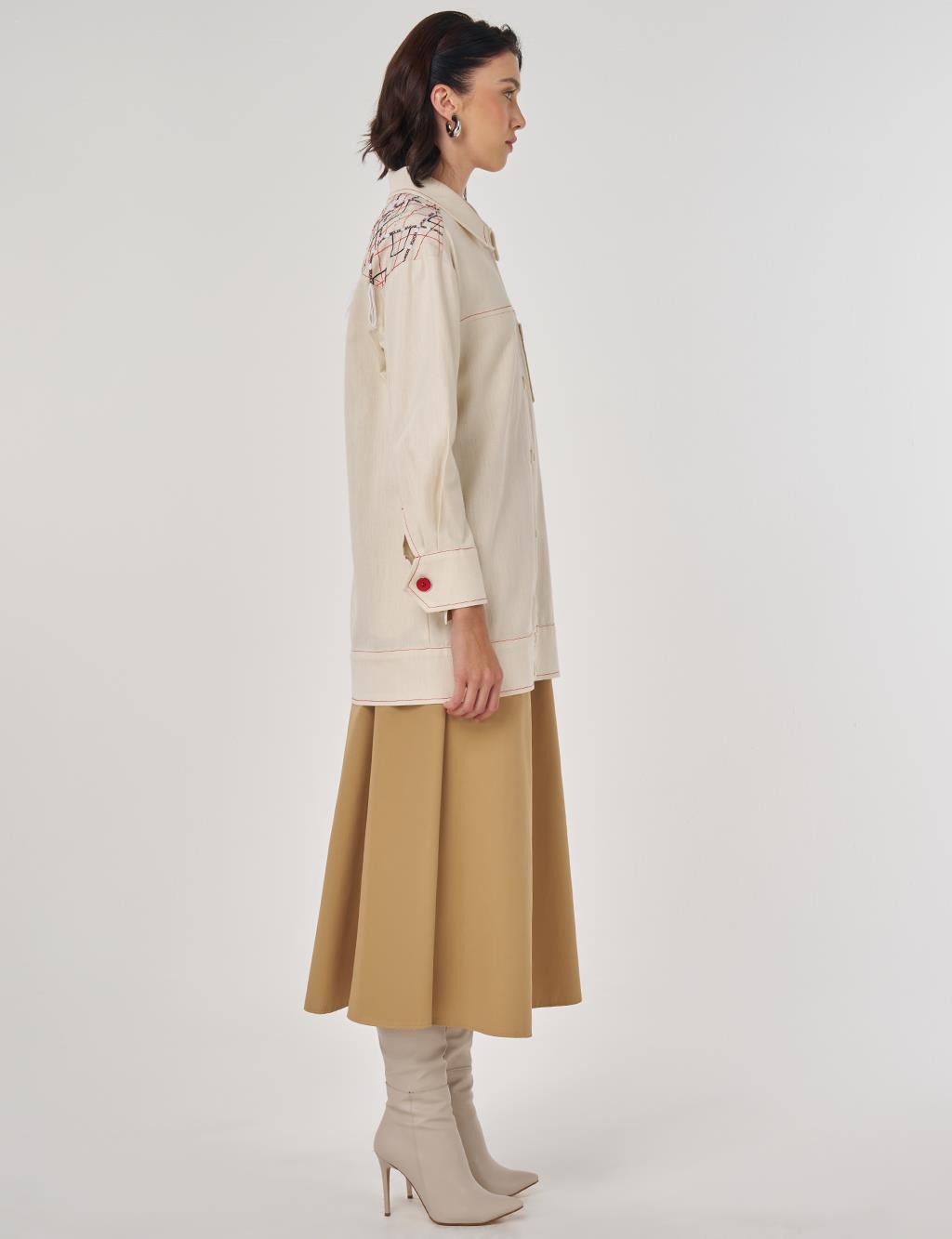 Nakış İşlemeli Kanvas Ceket Krem