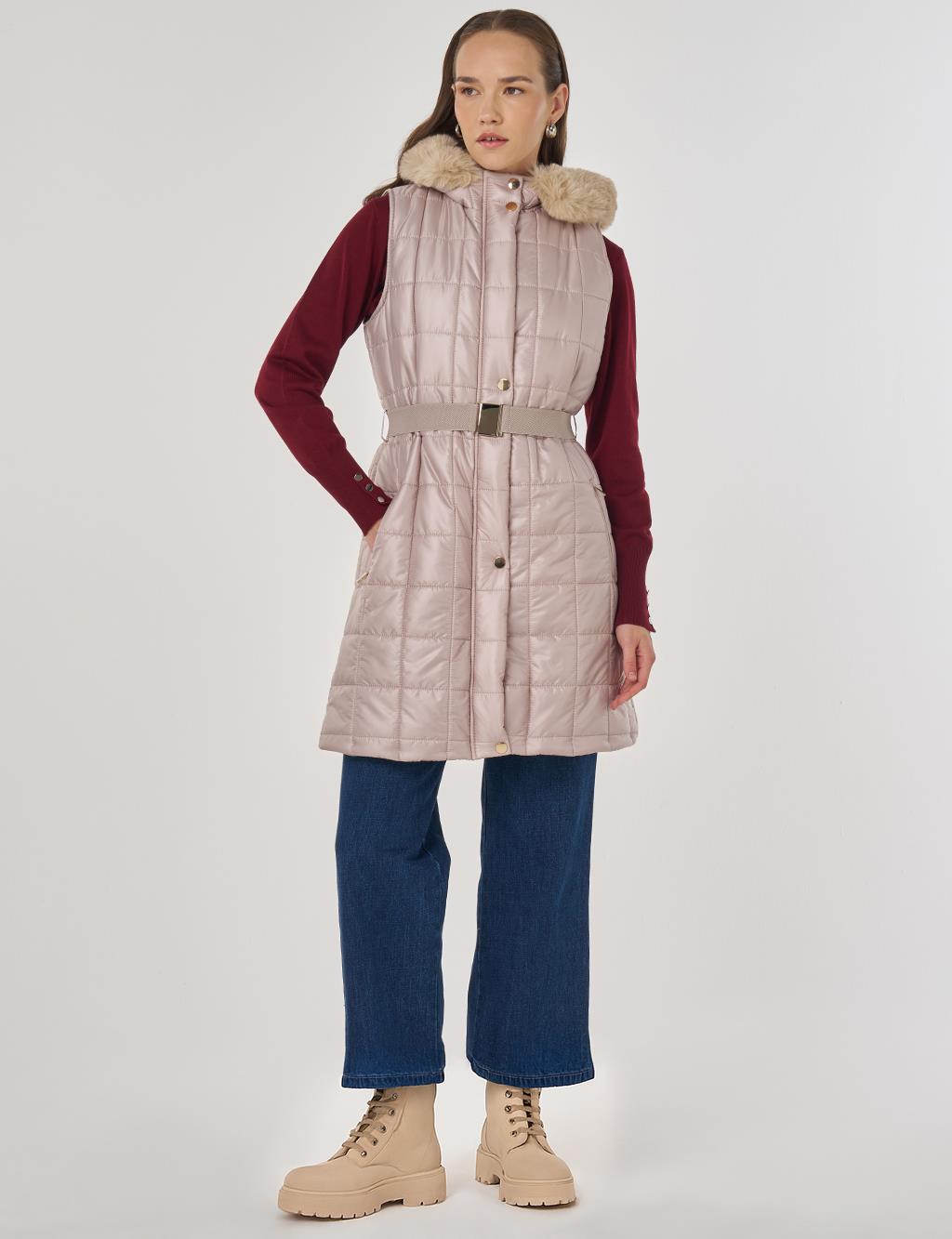 Faux Fur Puffer Vest Sand