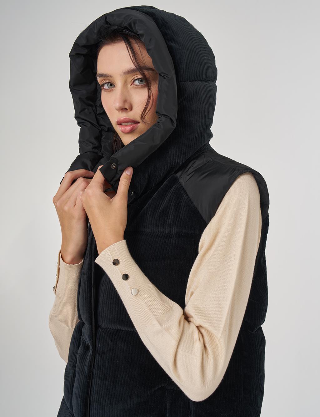 Velvet Trimmed Puffer Vest Black