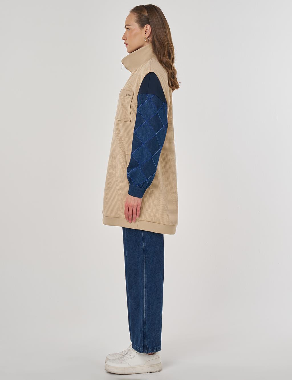 Dik Yaka Bel Büzgülü Yelek Bej