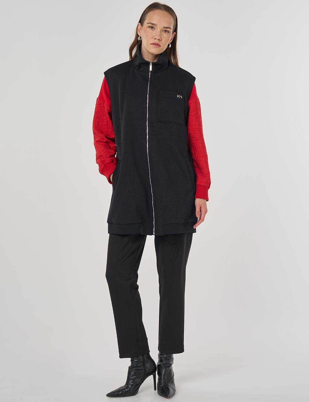 Dik Yaka Bel Büzgülü Yelek Siyah