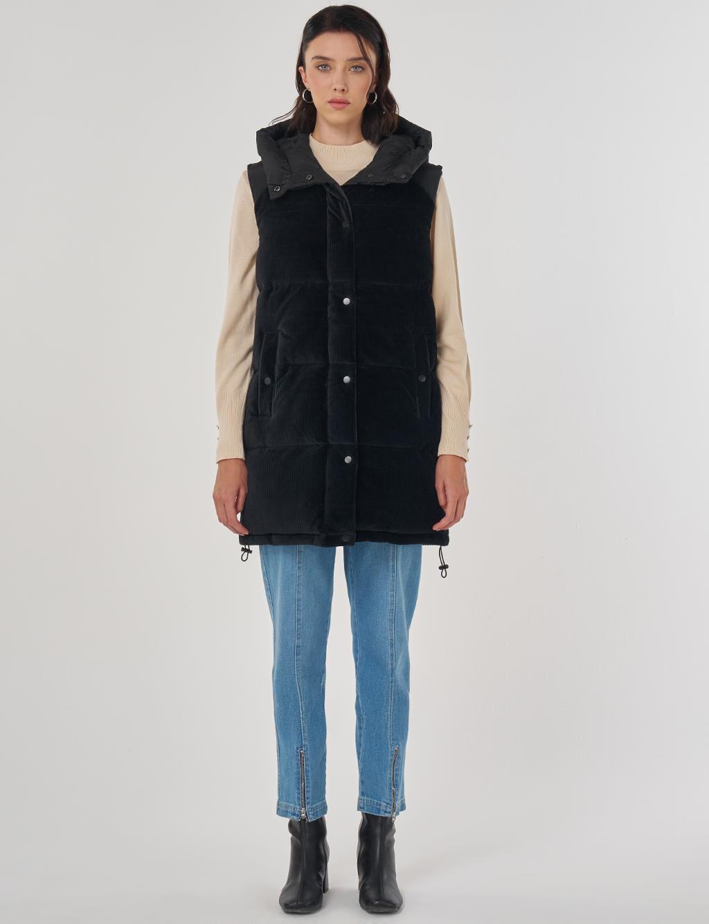 Velvet Trimmed Puffer Vest Black