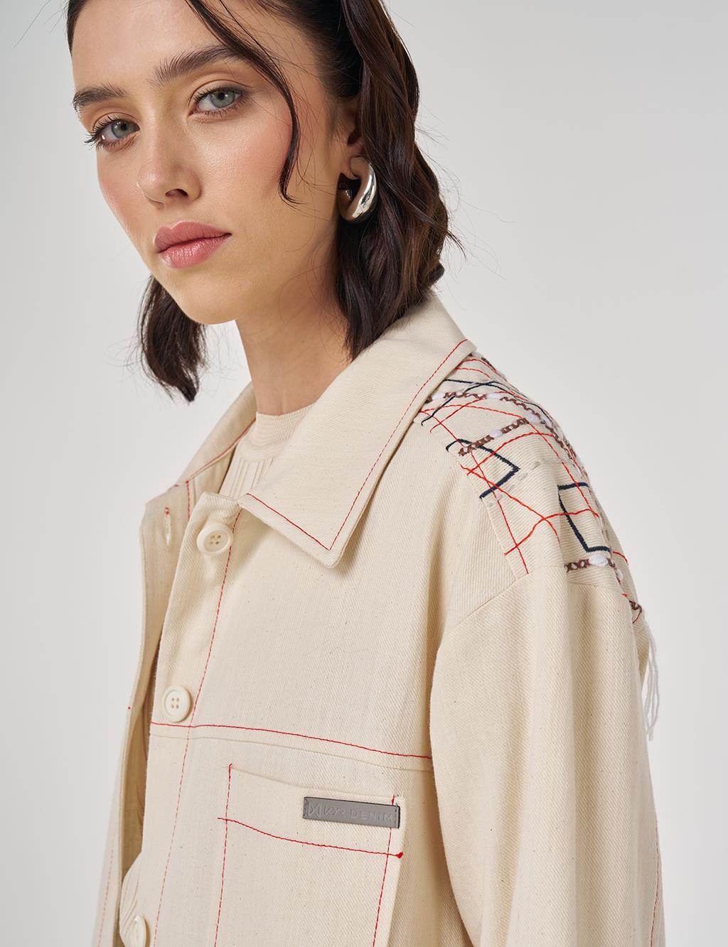 Nakış İşlemeli Kanvas Ceket Krem