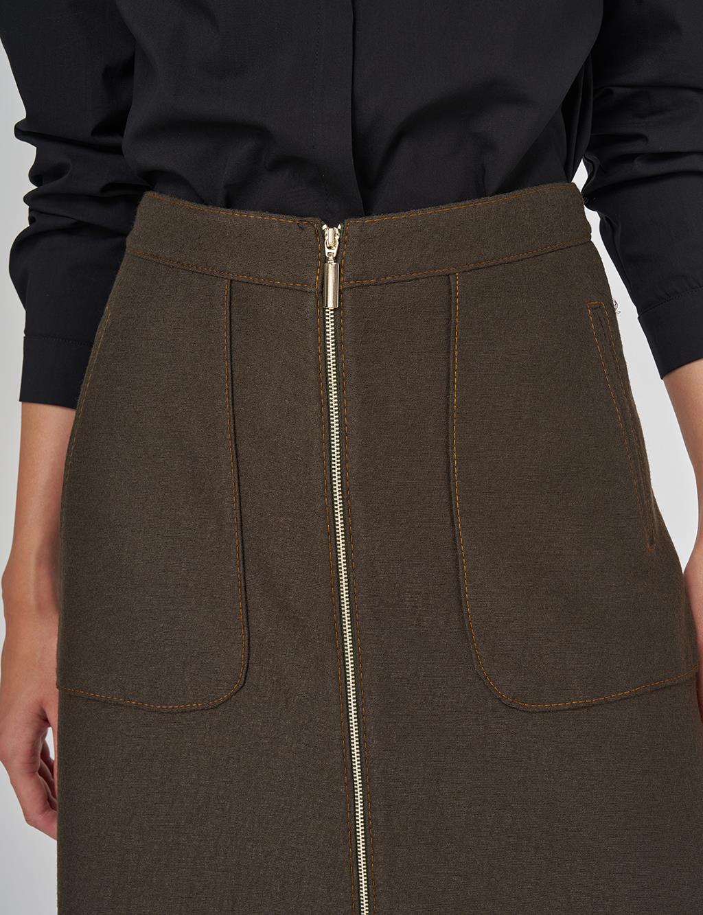 Fermuar Kapamalı Yün Etek Haki