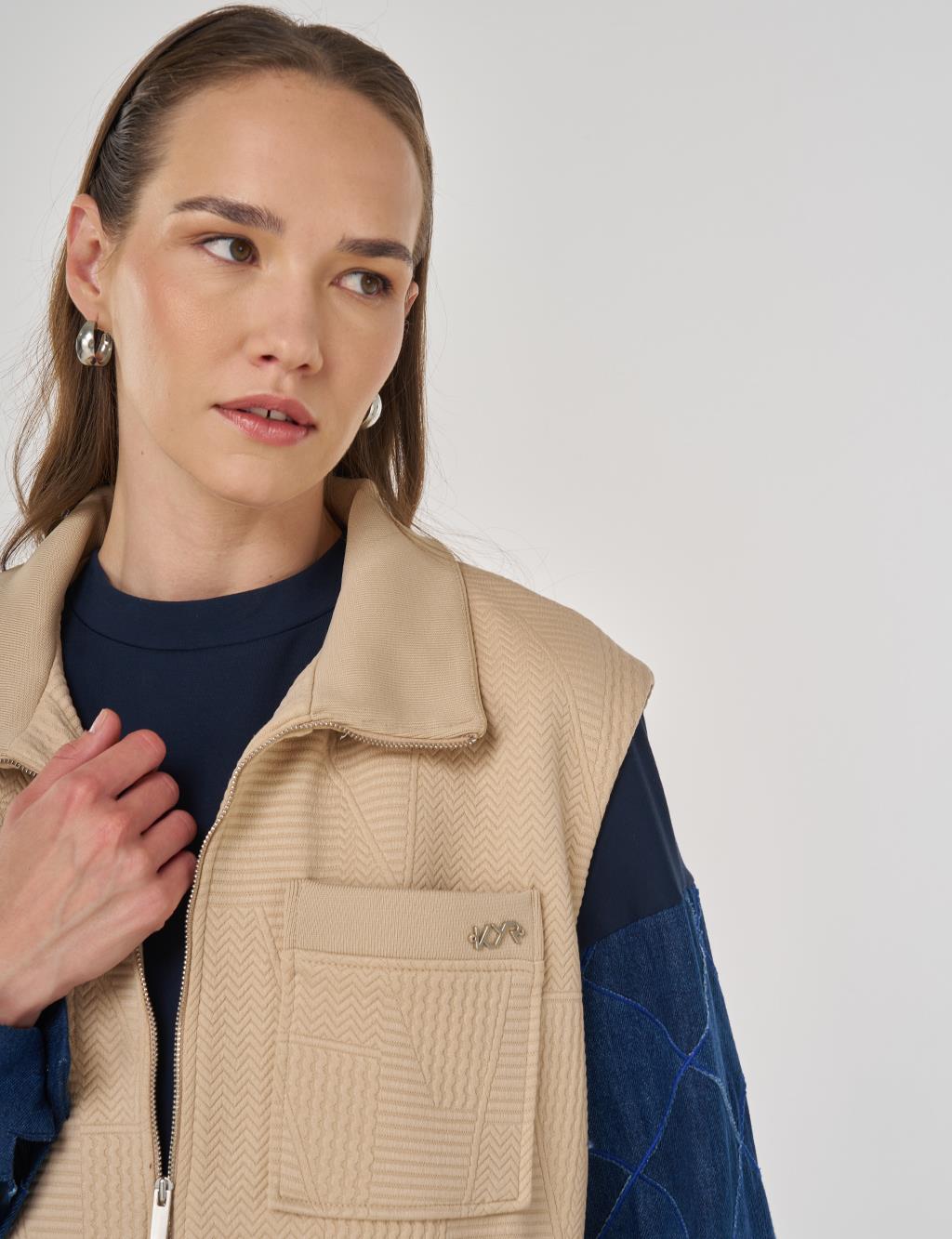 Dik Yaka Bel Büzgülü Yelek Bej