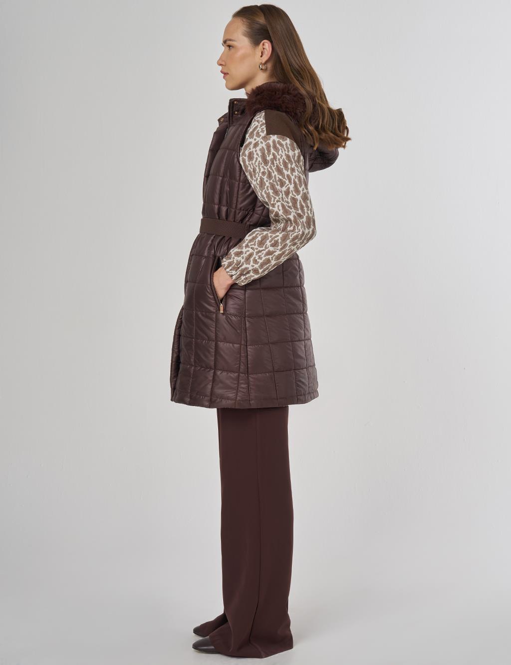 Suni Kürklü Şişme Yelek Koyu Kahve 