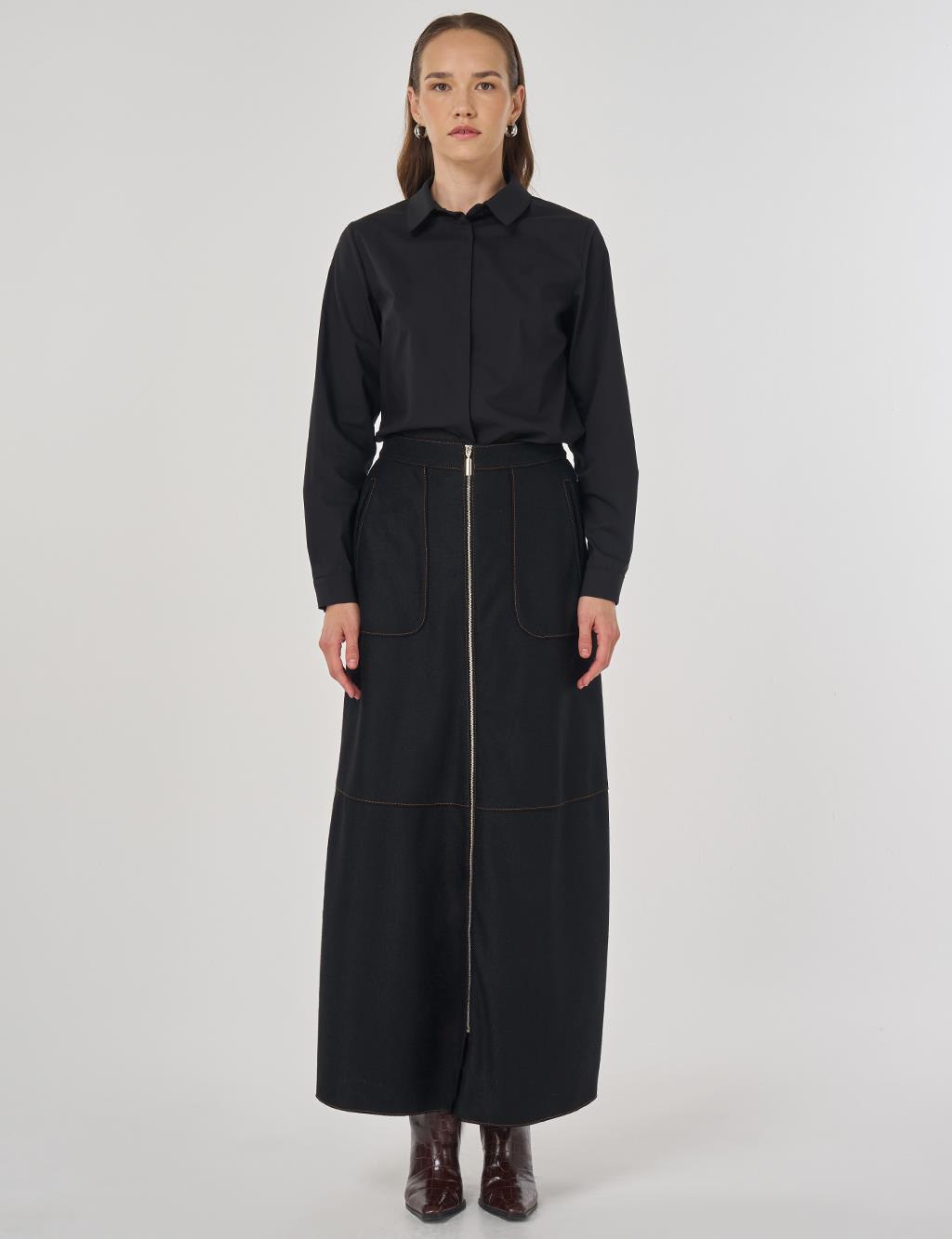 Zipper Closure Wool Skirt Black