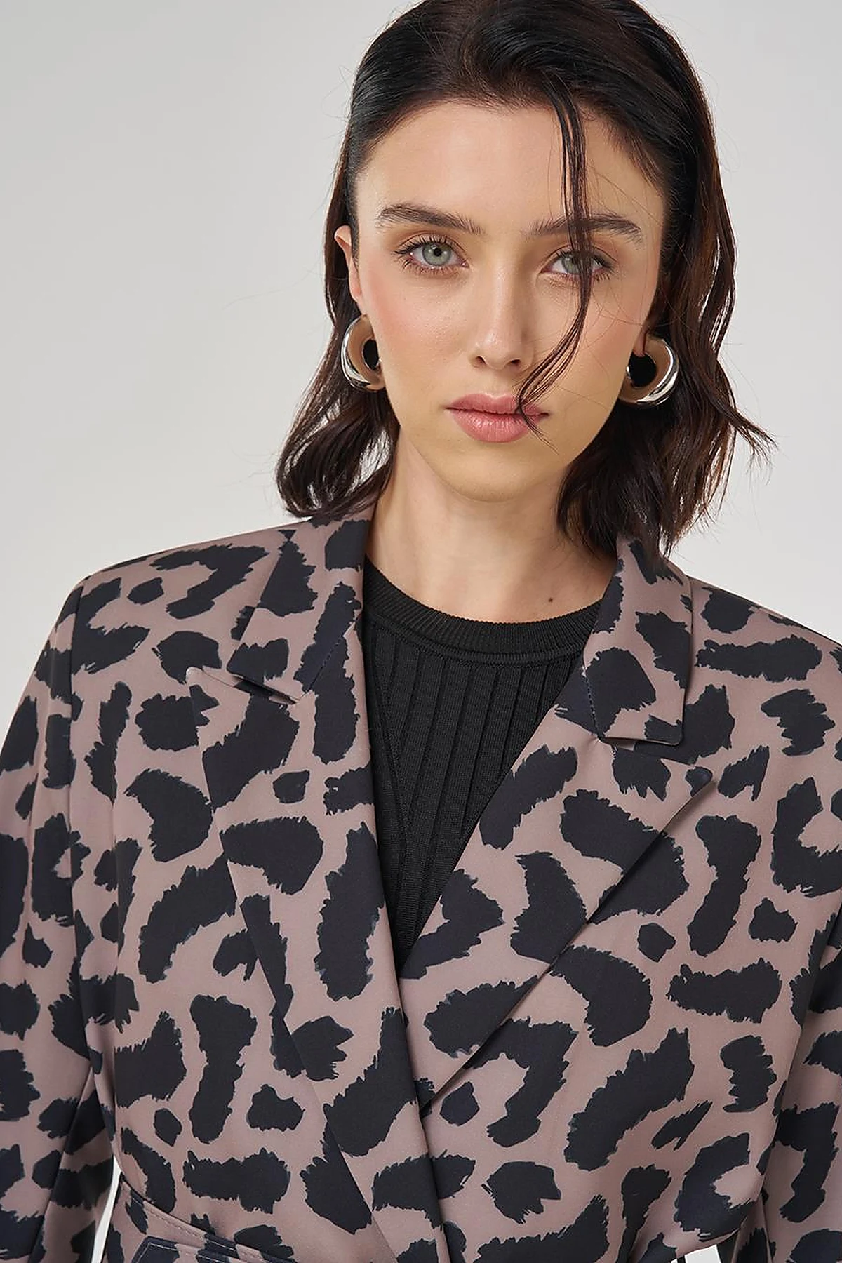 Leopar Desen Blazer Ceket Vizon