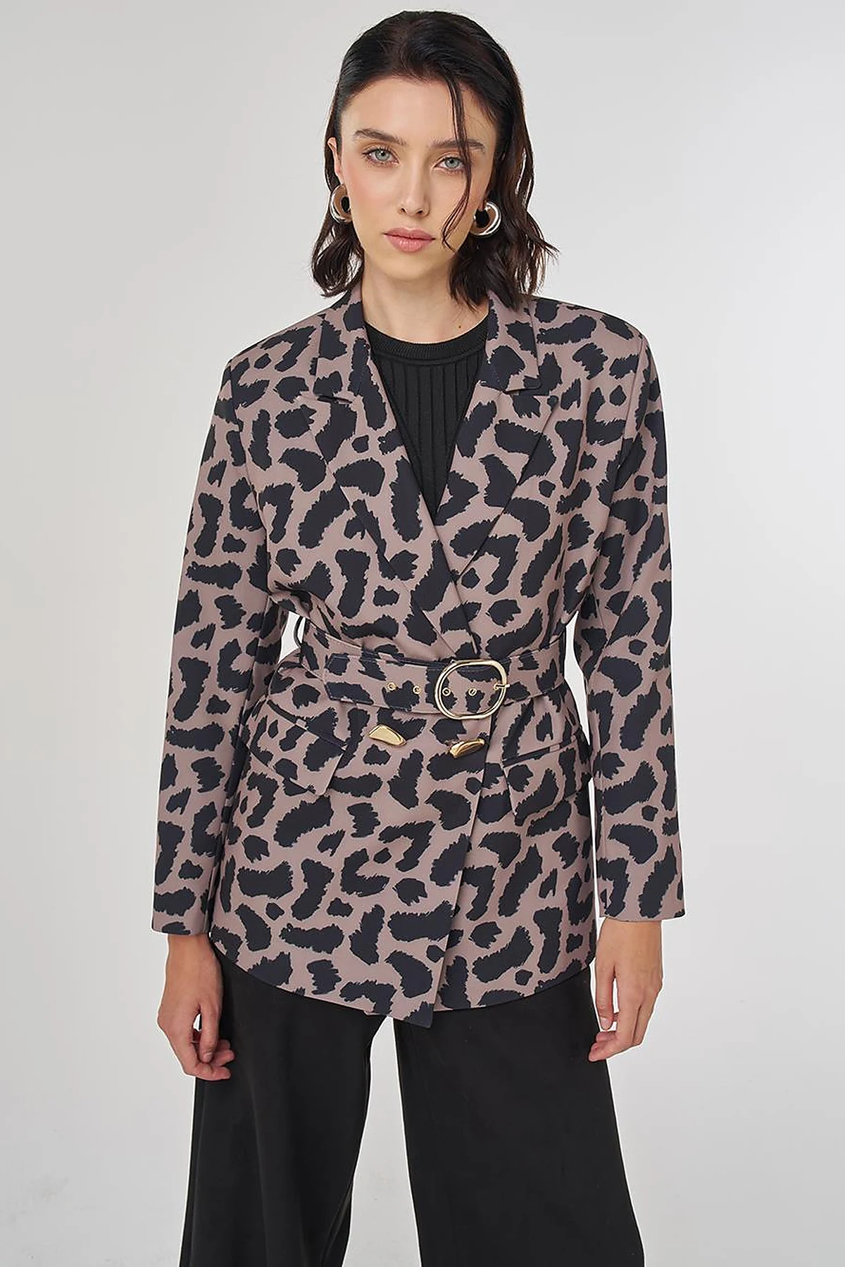 Leopar Desen Blazer Ceket Vizon