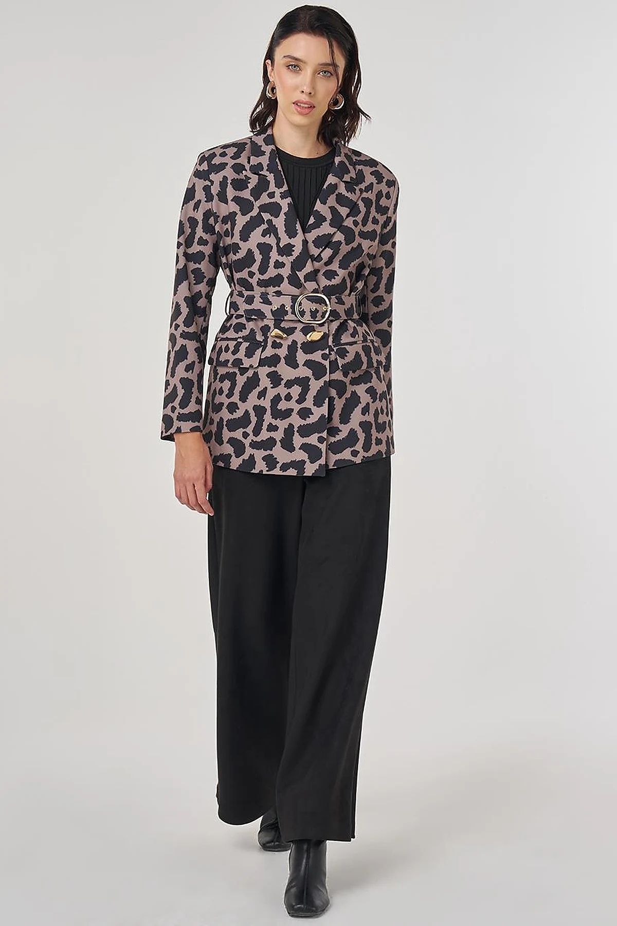 Leopar Desen Blazer Ceket Vizon