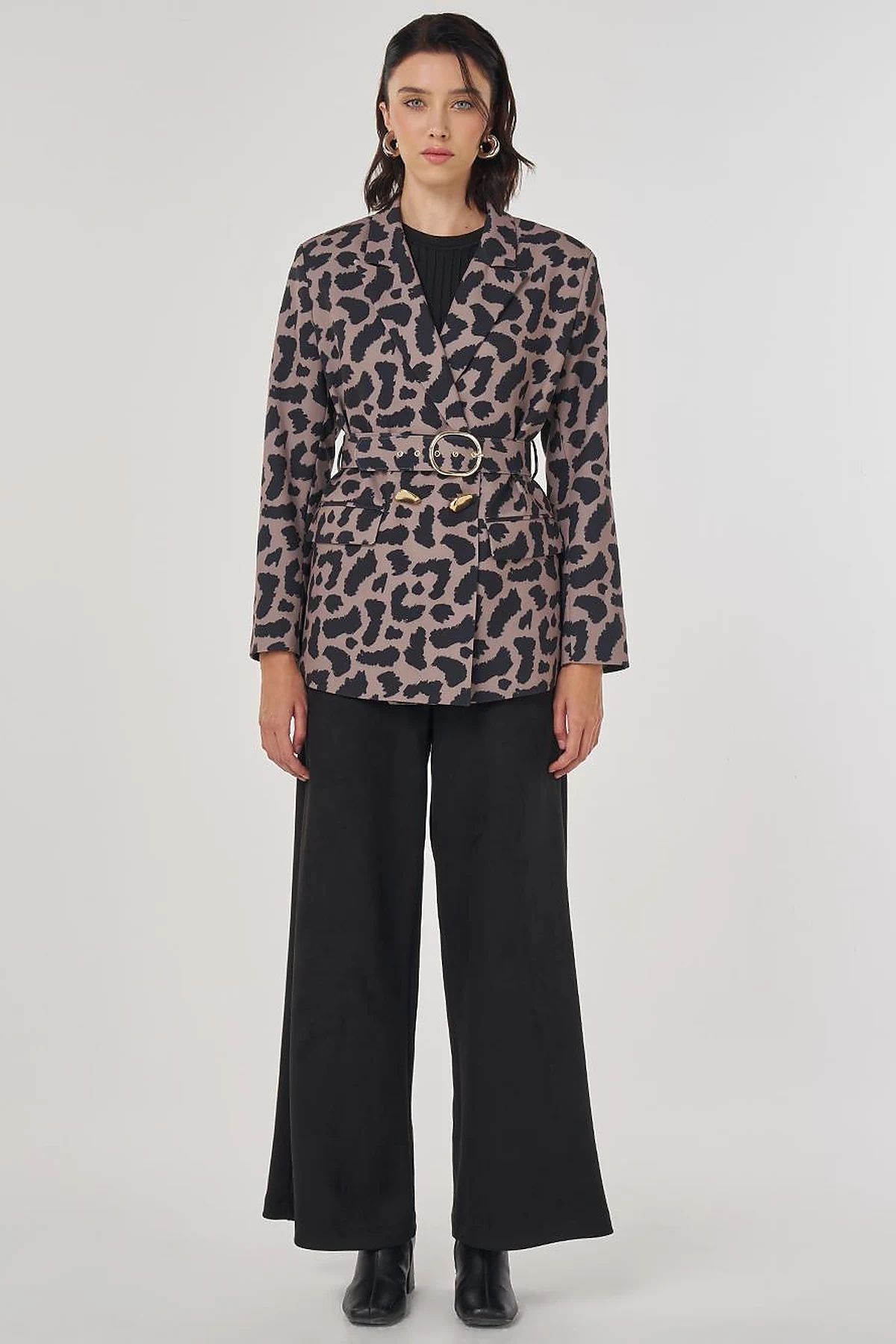 Leopar Desen Blazer Ceket Vizon