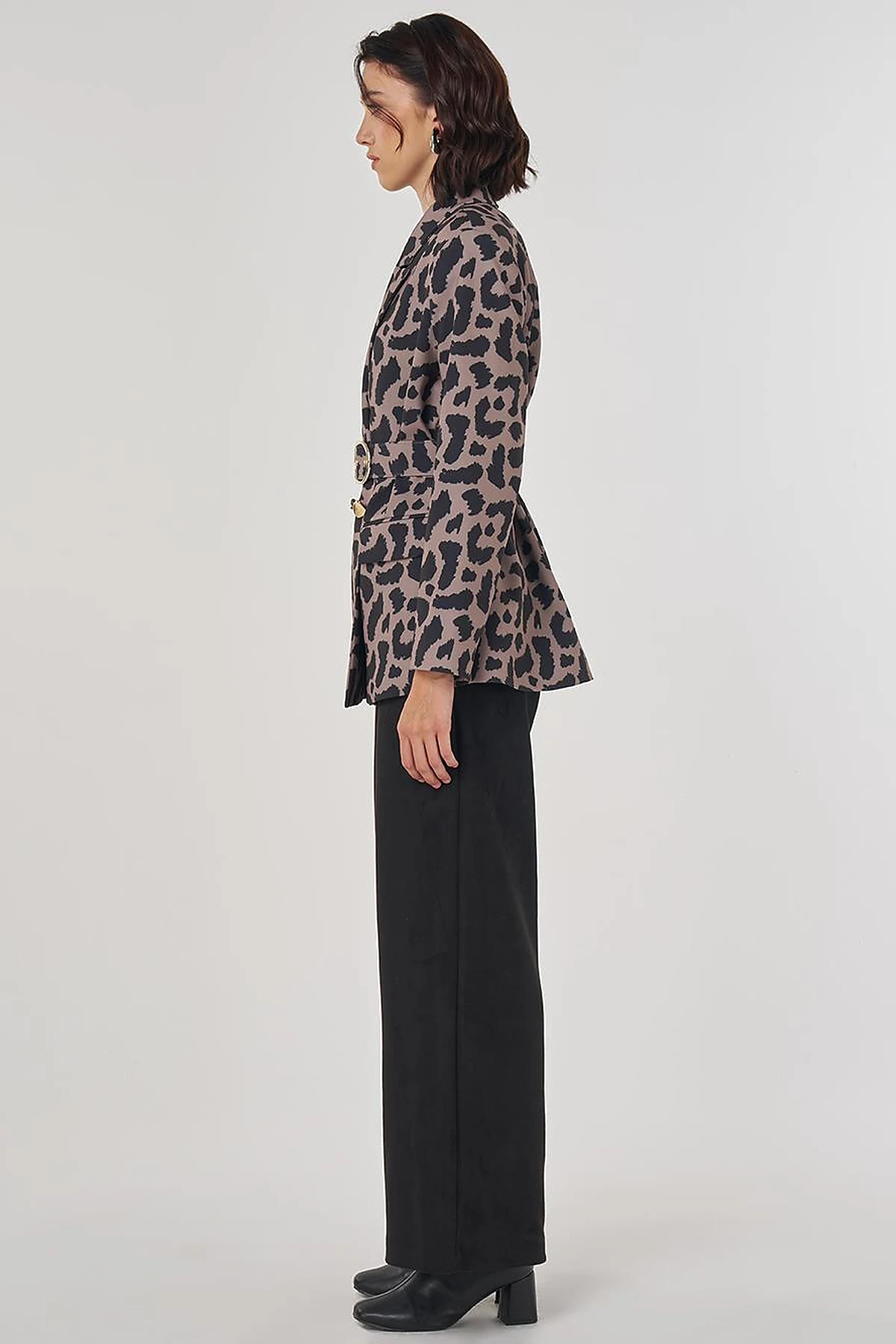 Leopar Desen Blazer Ceket Vizon