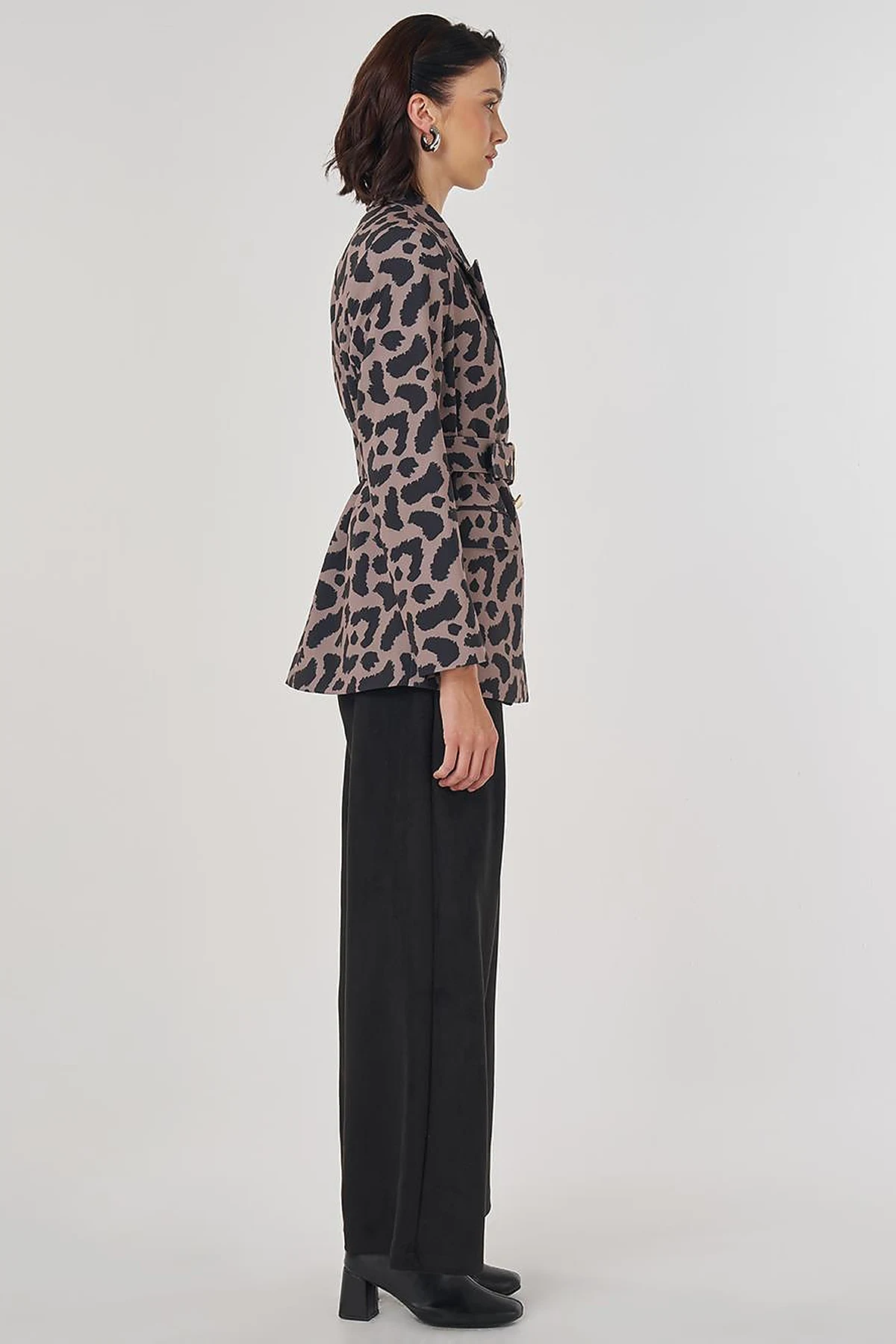 Leopar Desen Blazer Ceket Vizon