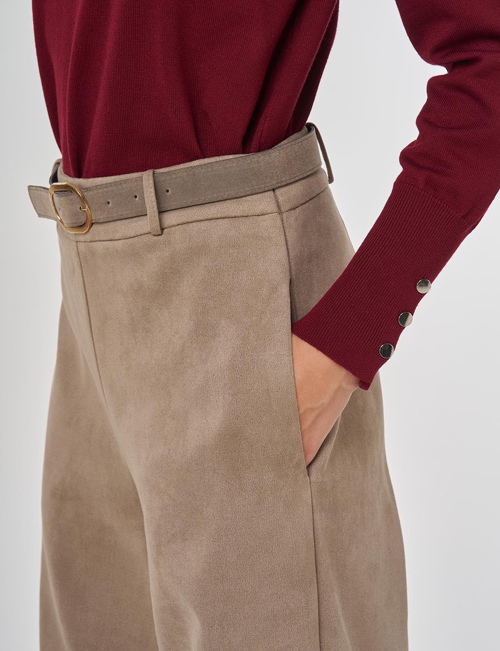 Kemerli Süet Pantolon Vizon