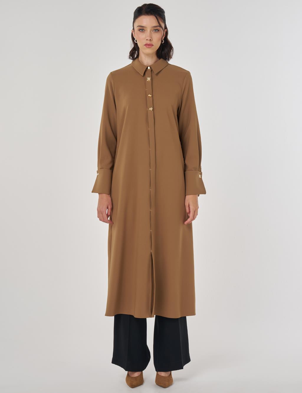 Parlak Düğmeli Uzun Tunik Koyu Oliv