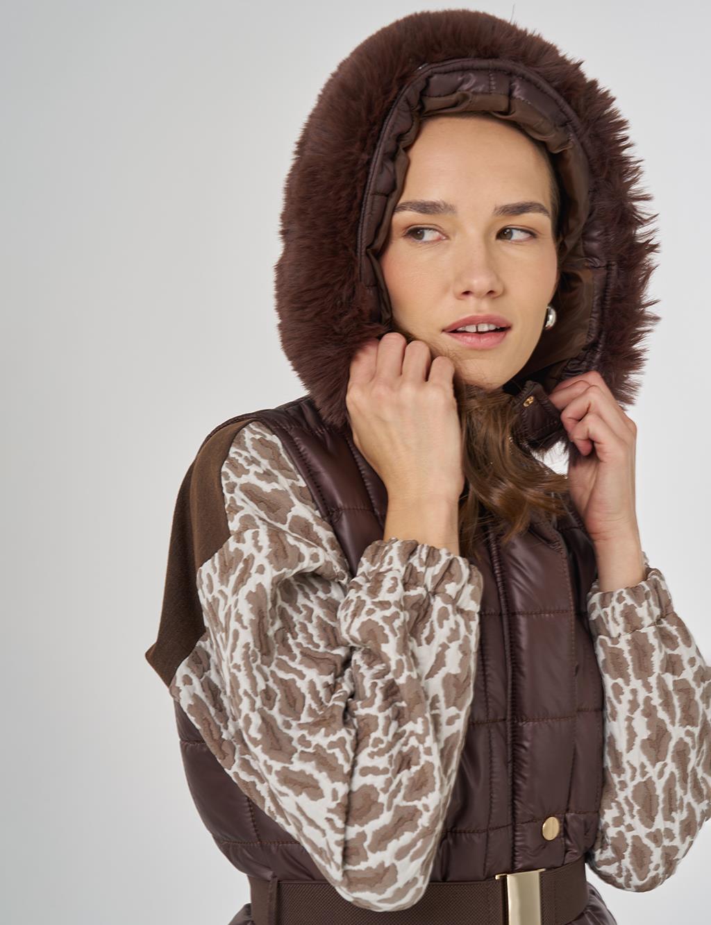 Suni Kürklü Şişme Yelek Koyu Kahve 