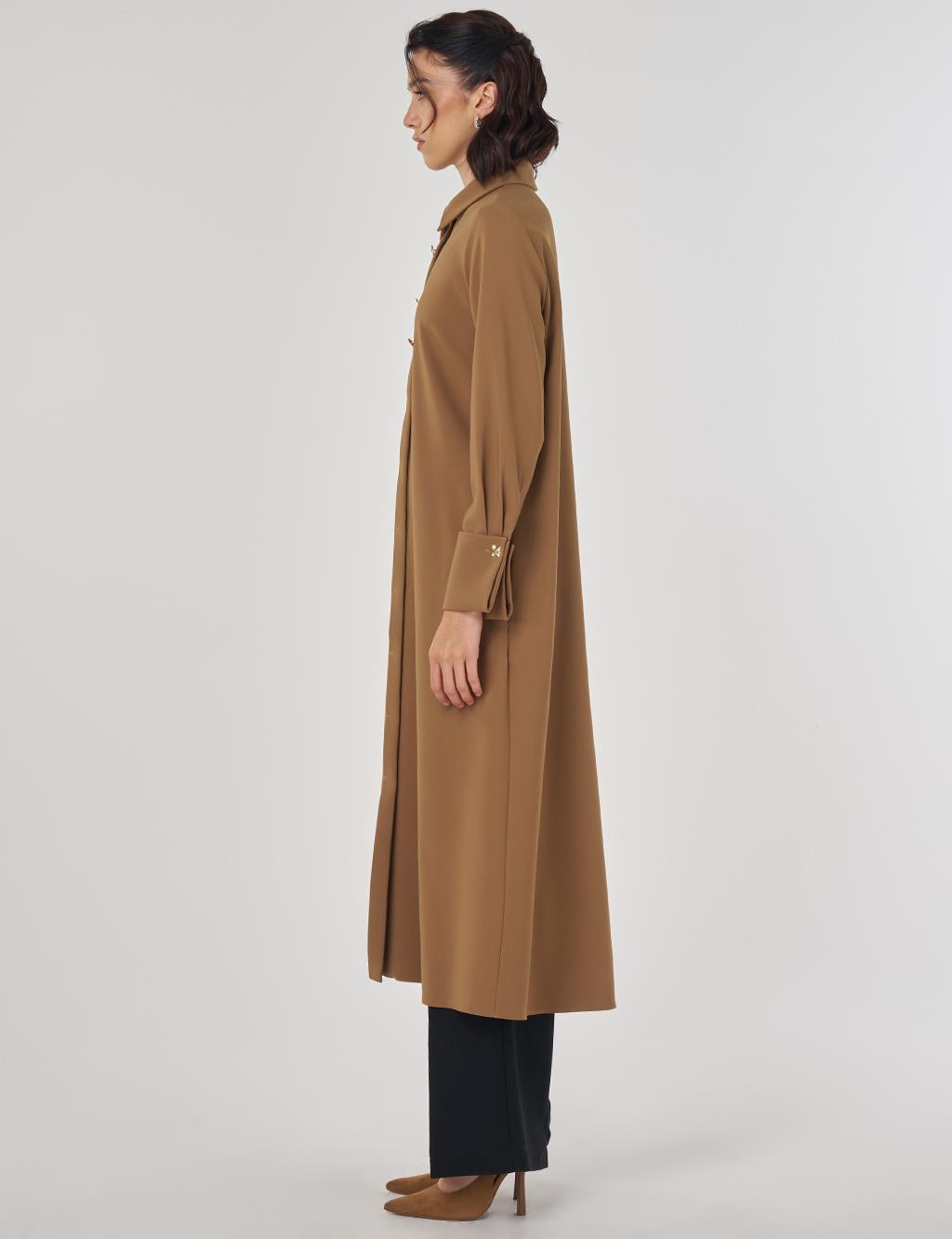 Parlak Düğmeli Uzun Tunik Koyu Oliv