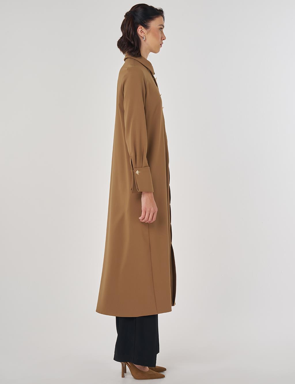 Parlak Düğmeli Uzun Tunik Koyu Oliv