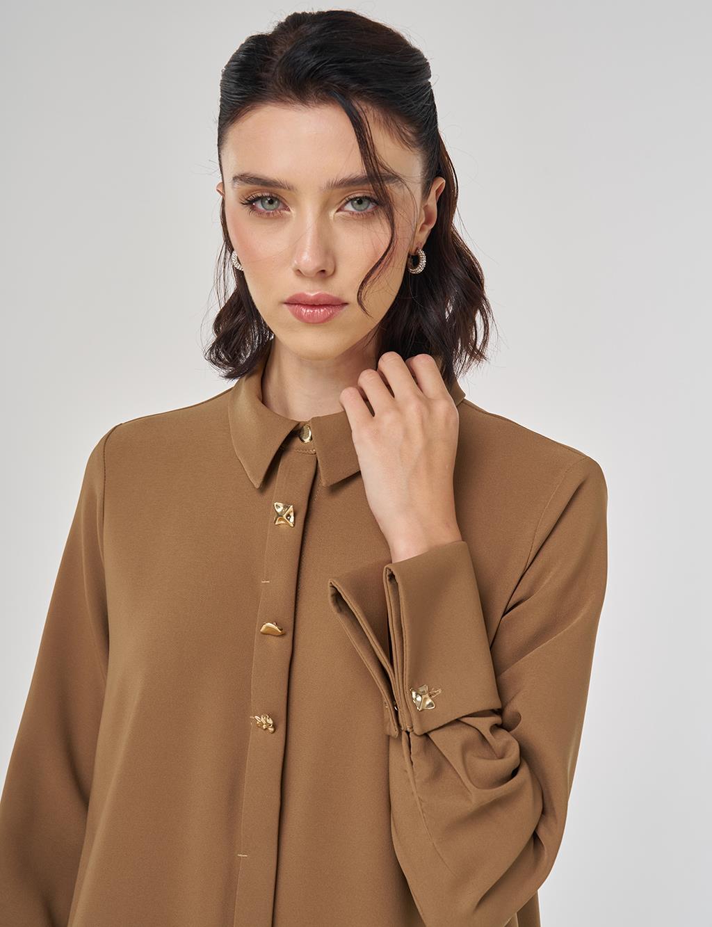 Parlak Düğmeli Uzun Tunik Koyu Oliv