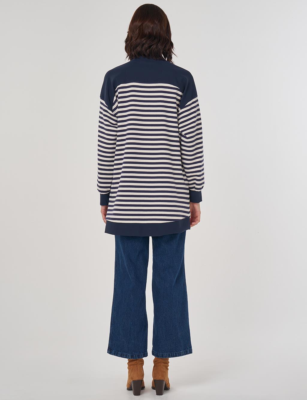 Düşük Omuz Çizgi Desen Sweatshirt Optik Beyaz 