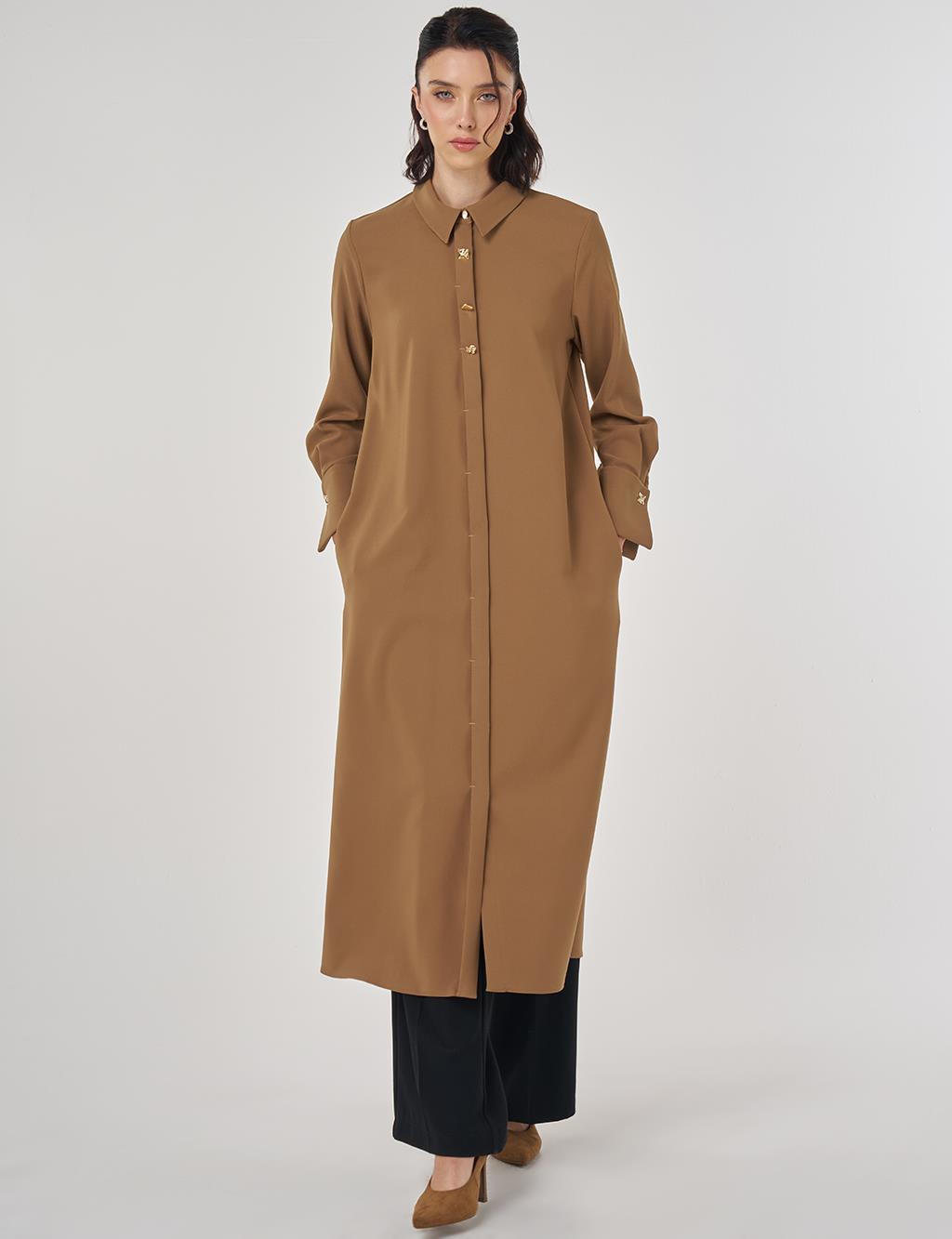 Parlak Düğmeli Uzun Tunik Koyu Oliv