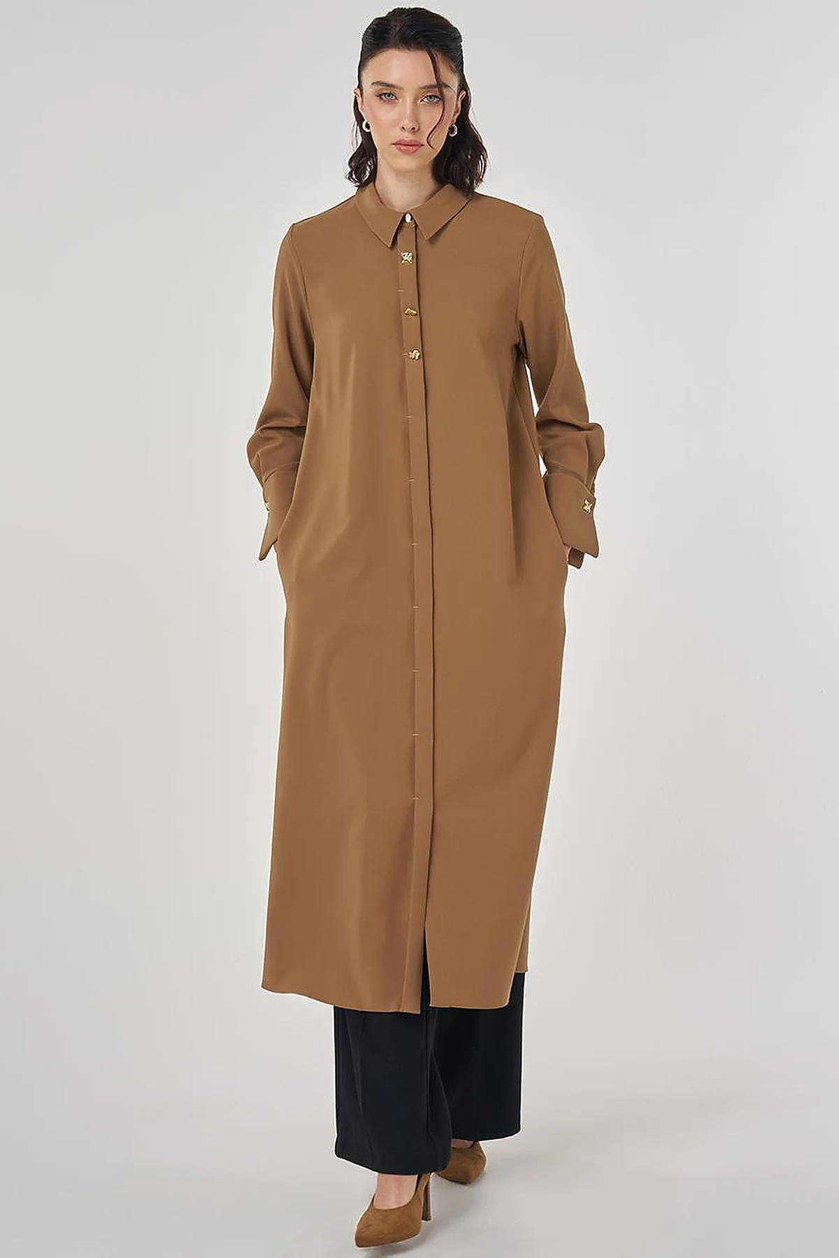 Shiny Button Long Tunic Dark Olive