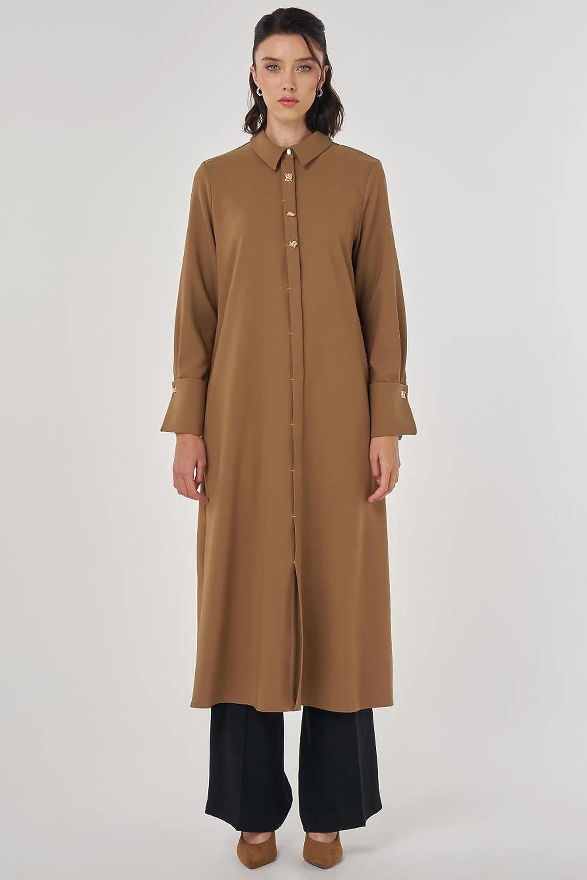 Shiny Button Long Tunic Dark Olive