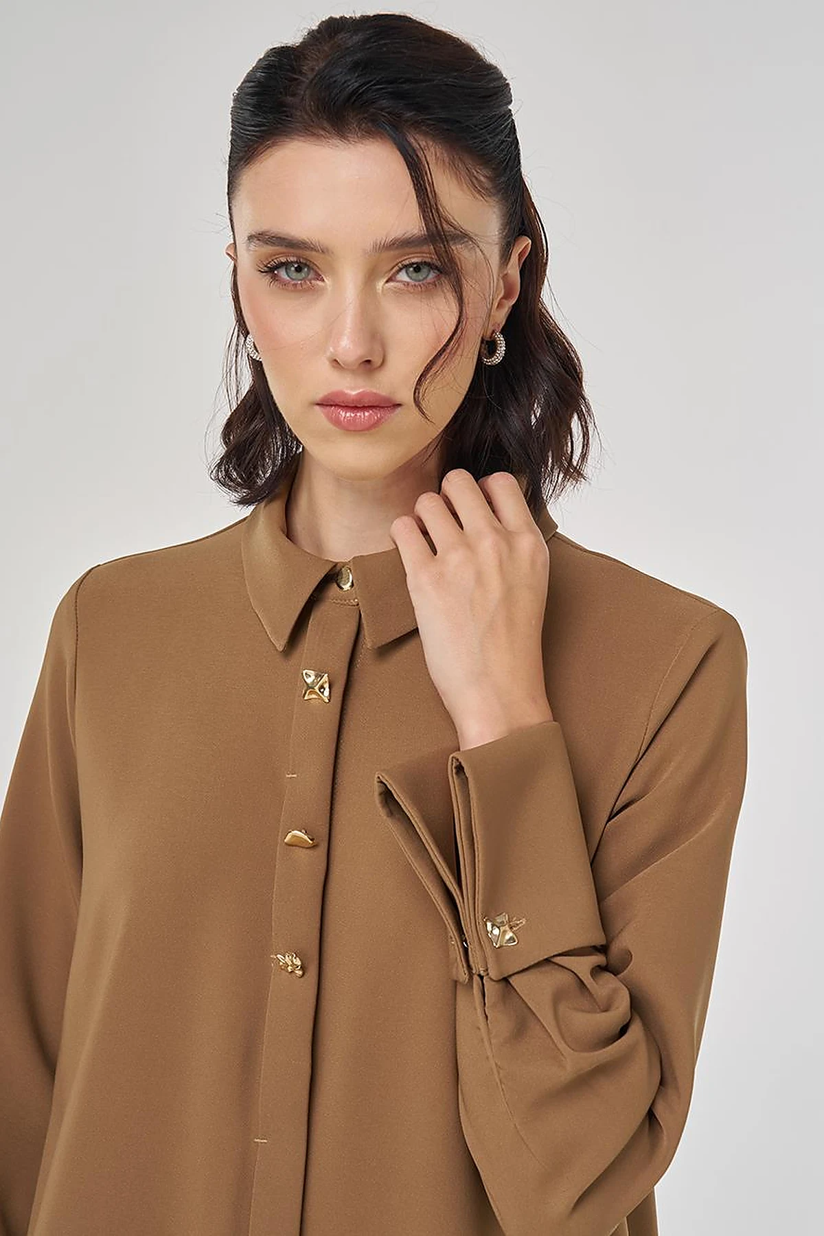Shiny Button Long Tunic Dark Olive