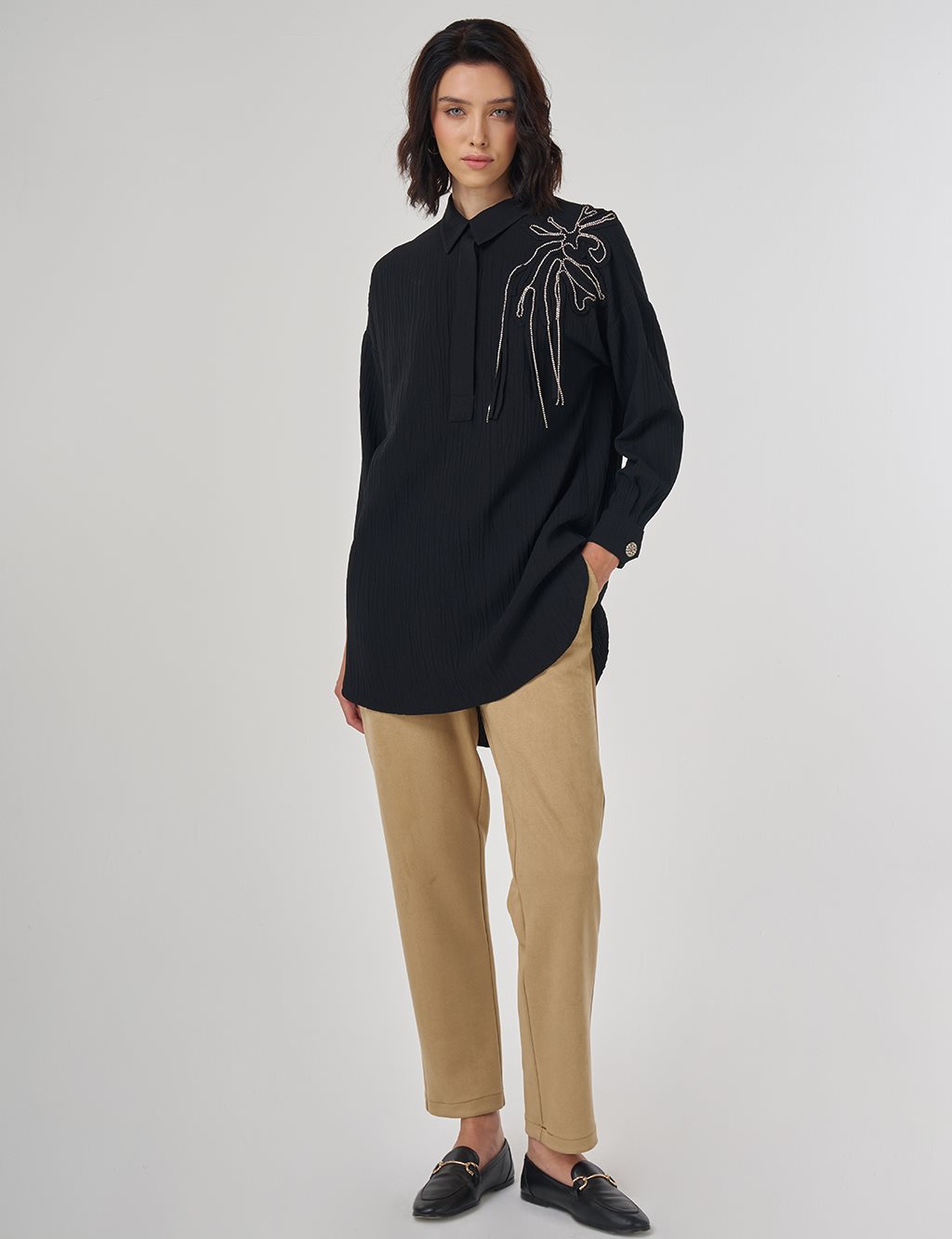 Embroidered Appliqué Viscose Tunic Black