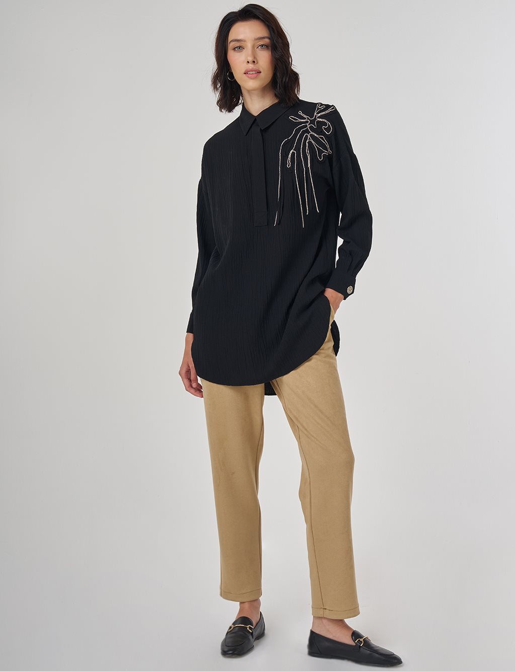 Embroidered Appliqué Viscose Tunic Black