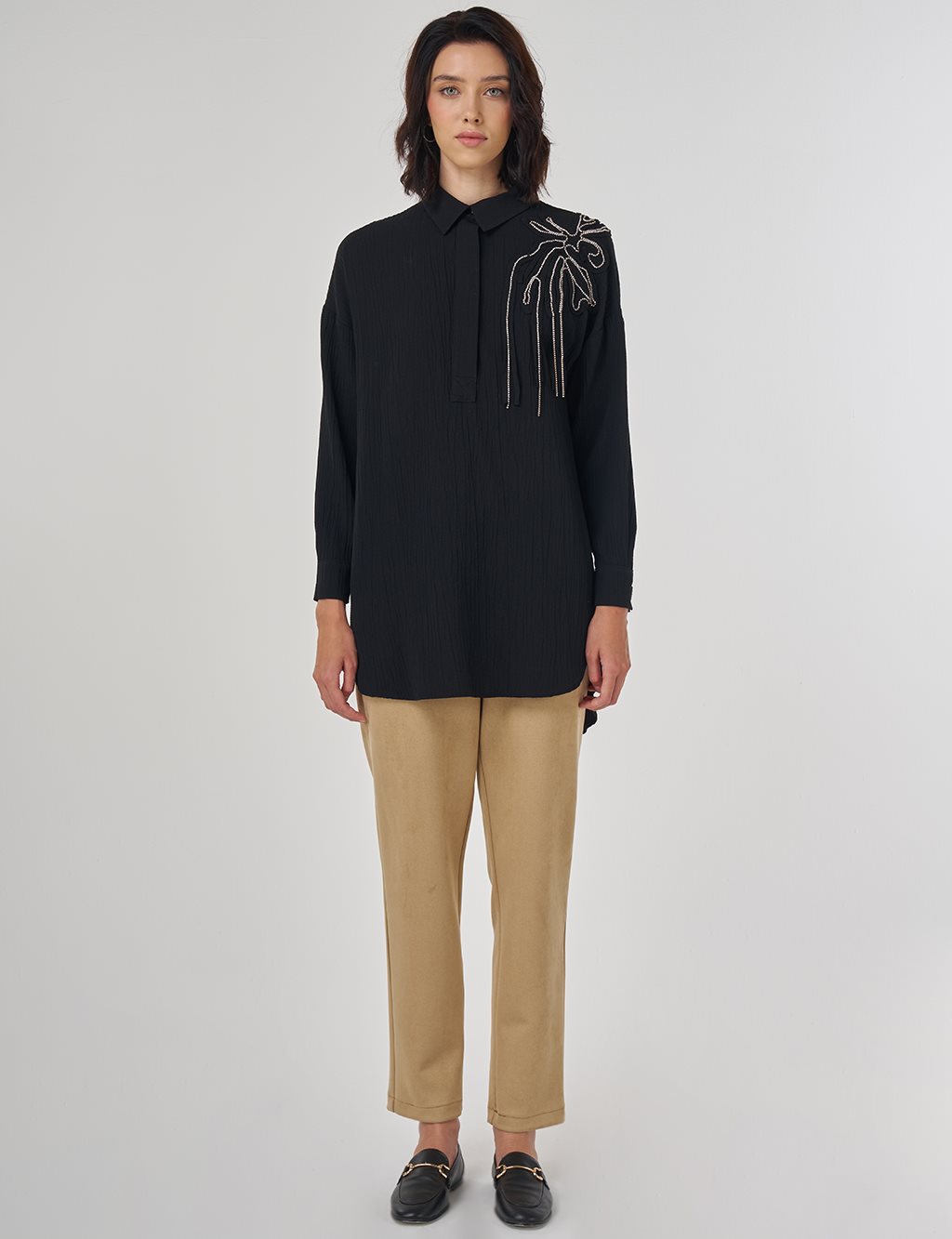 Embroidered Appliqué Viscose Tunic Black