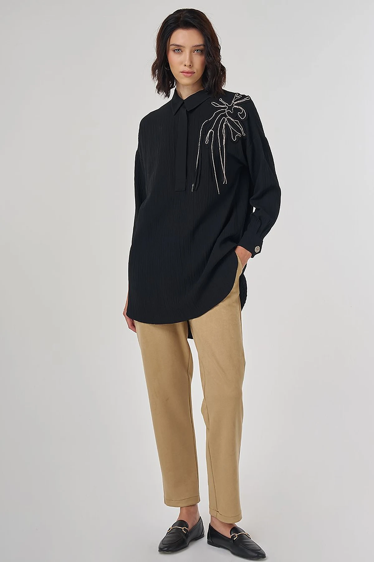 Embroidered Appliqué Viscose Tunic Black