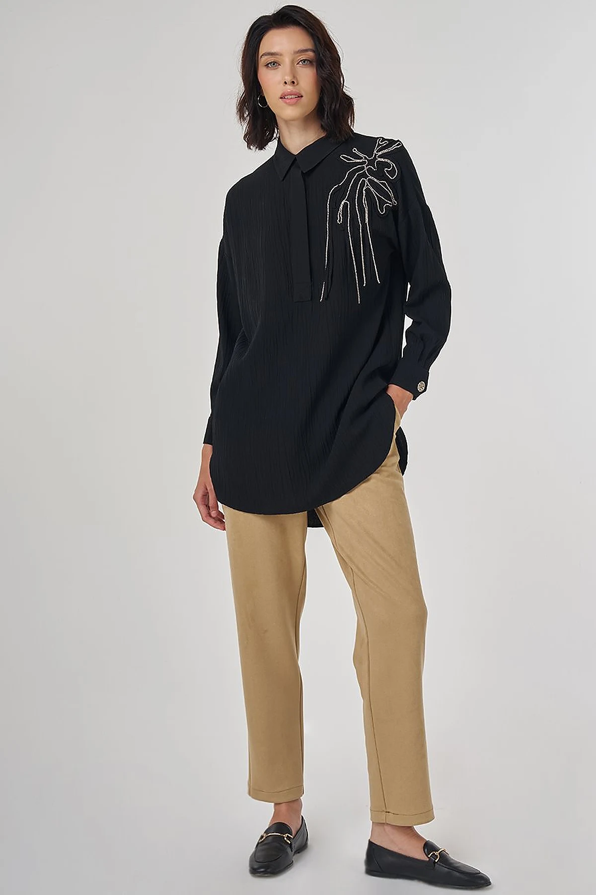 Embroidered Appliqué Viscose Tunic Black