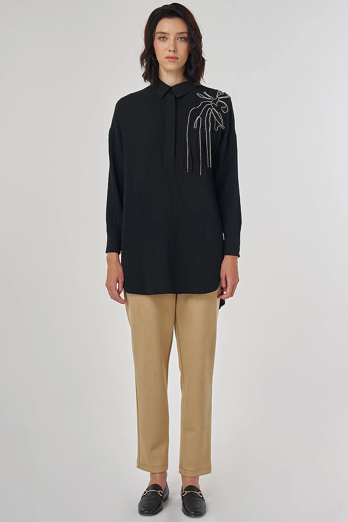 Embroidered Appliqué Viscose Tunic Black