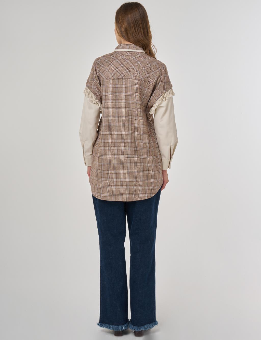 Fringed Checked Pattern Tunic Camel