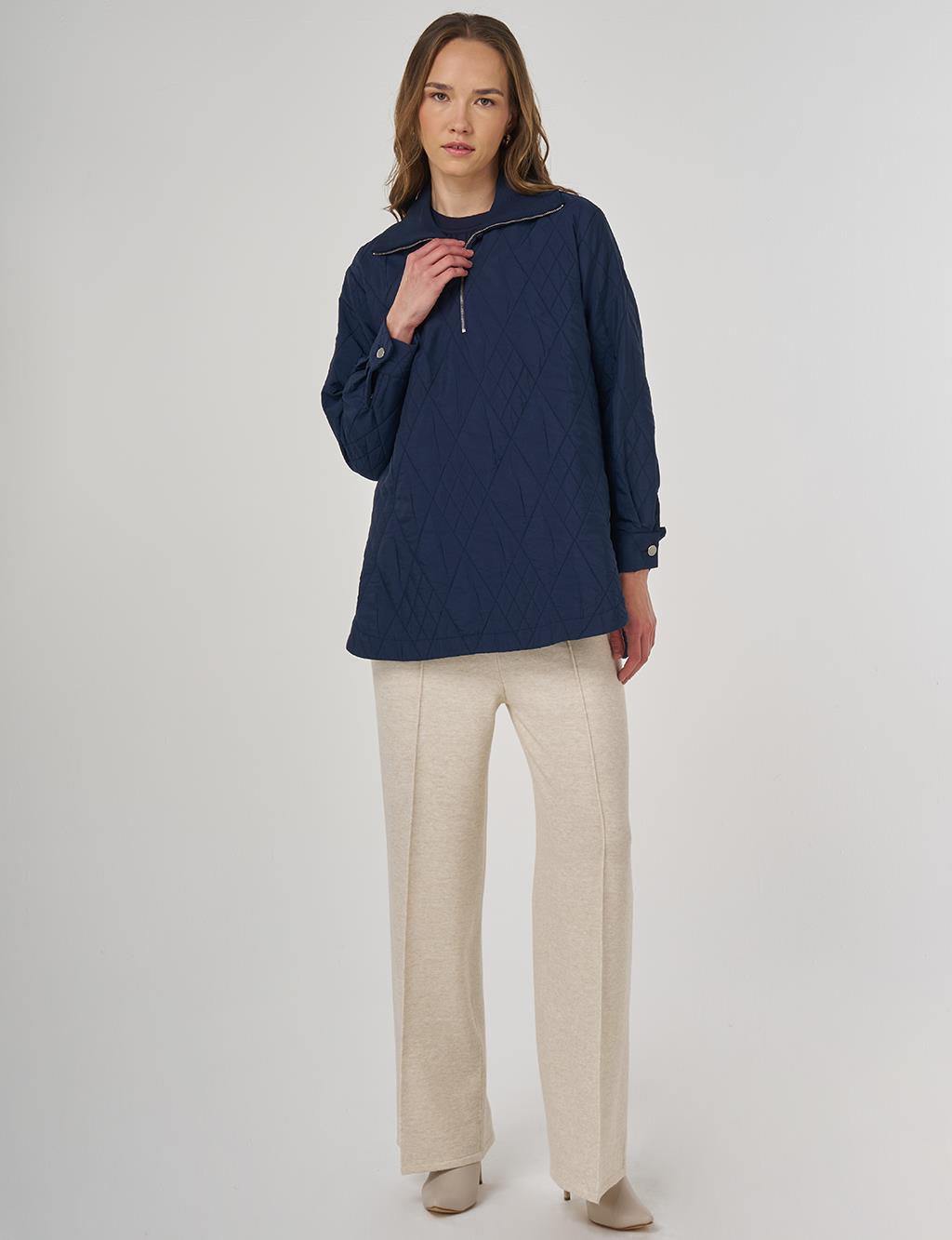 Wide Collar Embossed Sweatshirt Dark Navy