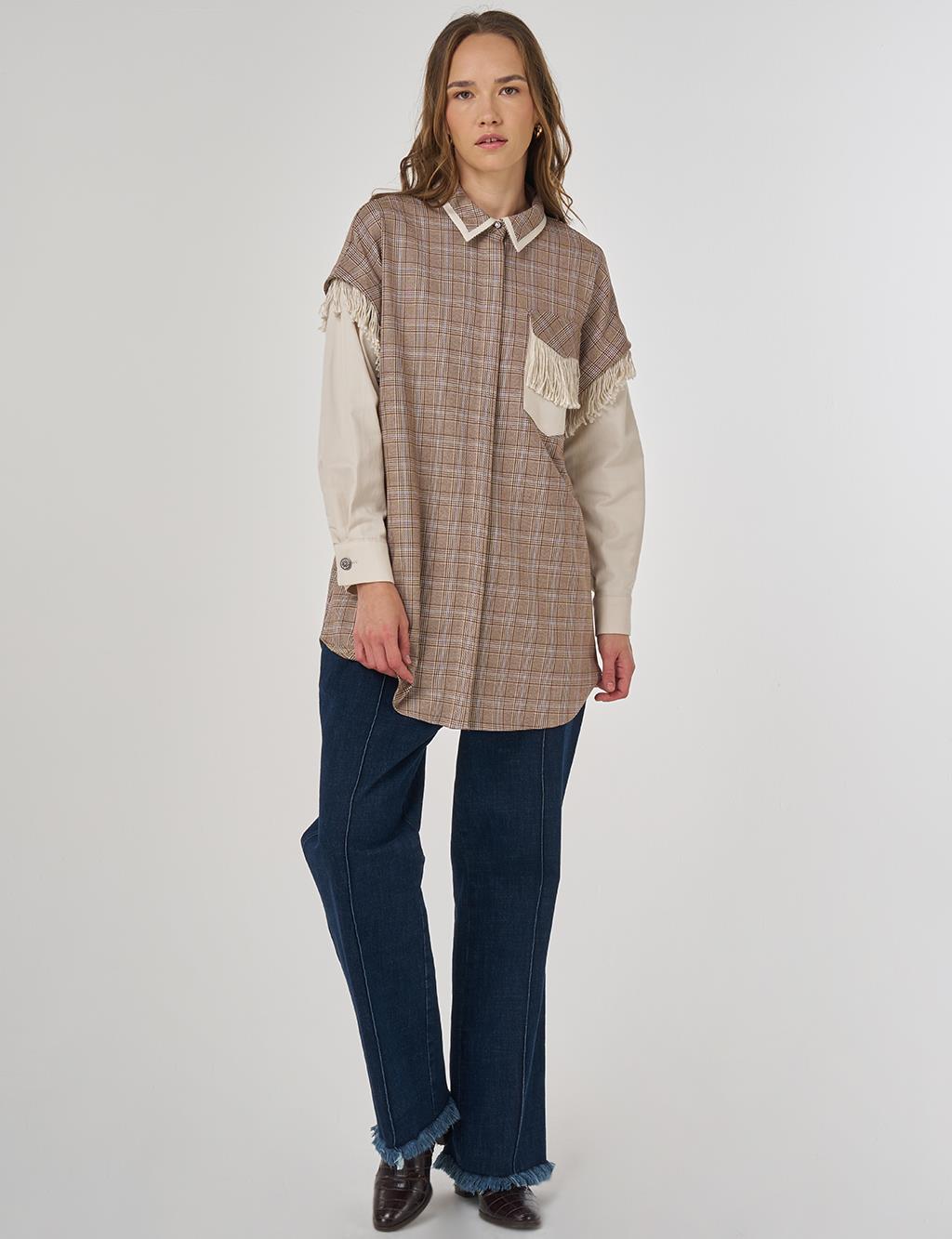 Fringed Checked Pattern Tunic Camel